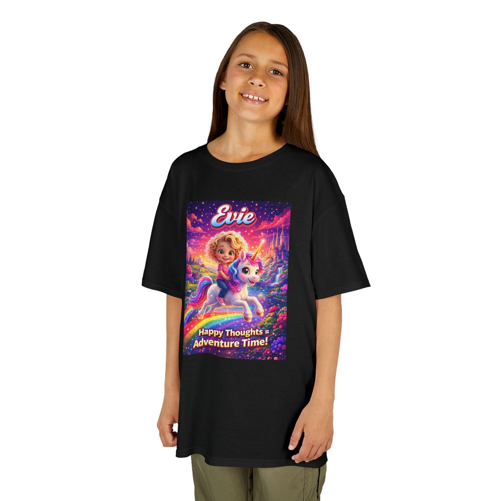 Evie “Happy Thoughts = Adventure Time!” Kids Unicorn Graphic T-Shirt | The Thought Explorers