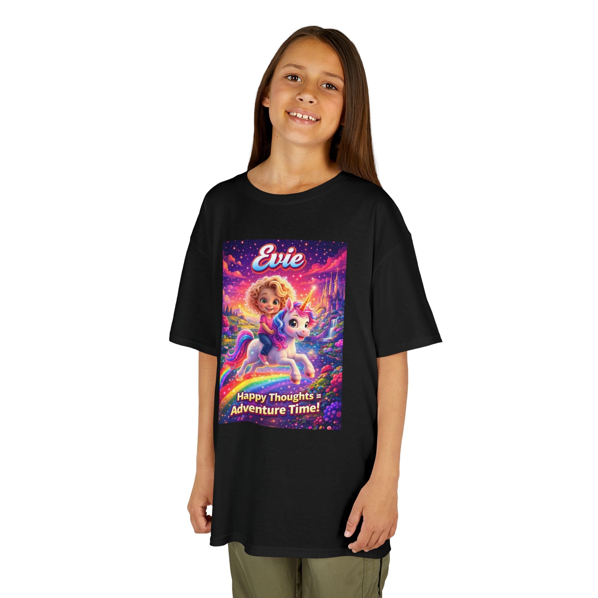 Evie “Happy Thoughts = Adventure Time!” Kids Unicorn Graphic T-Shirt | The Thought Explorers