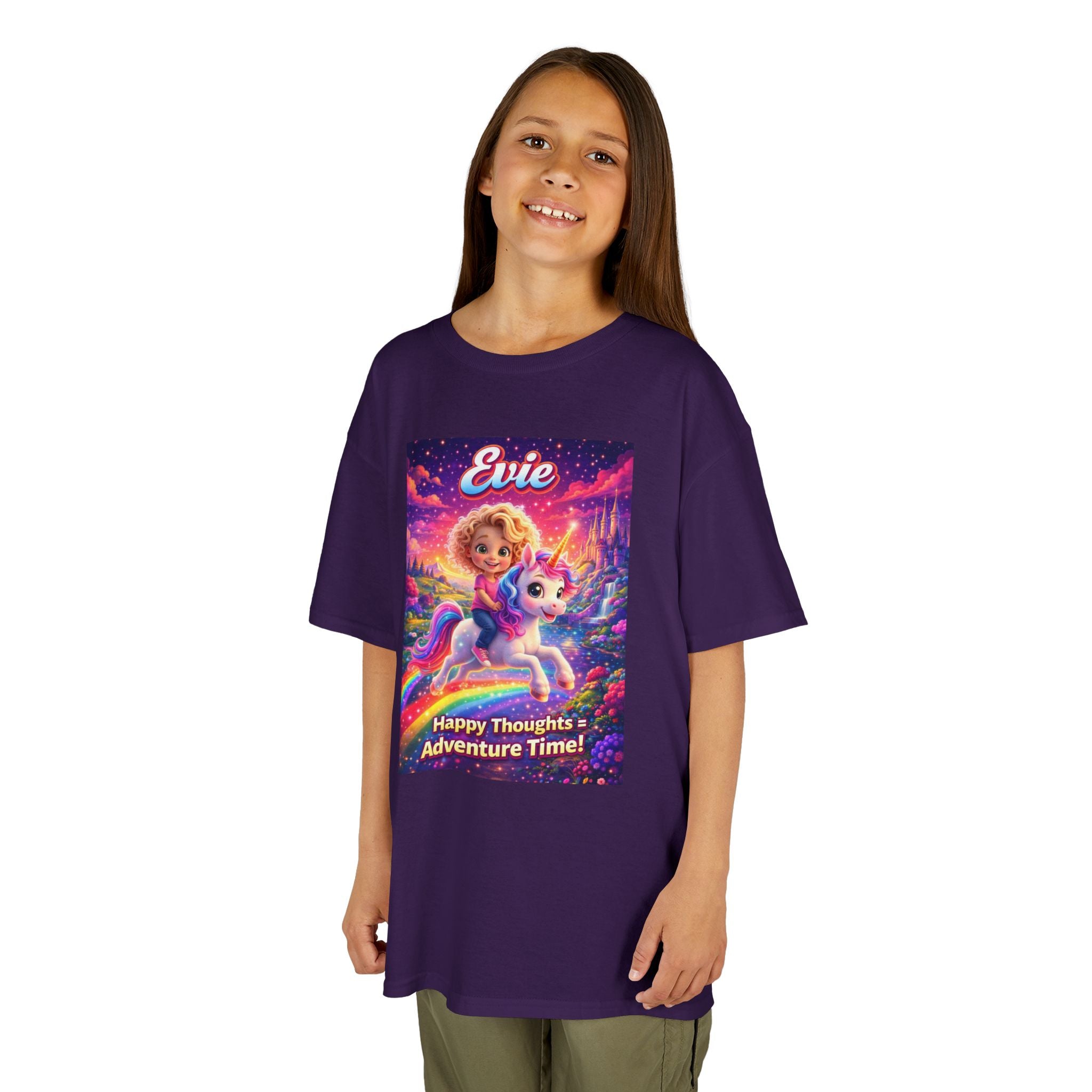 Evie “Happy Thoughts = Adventure Time!” Kids Unicorn Graphic T-Shirt | The Thought Explorers