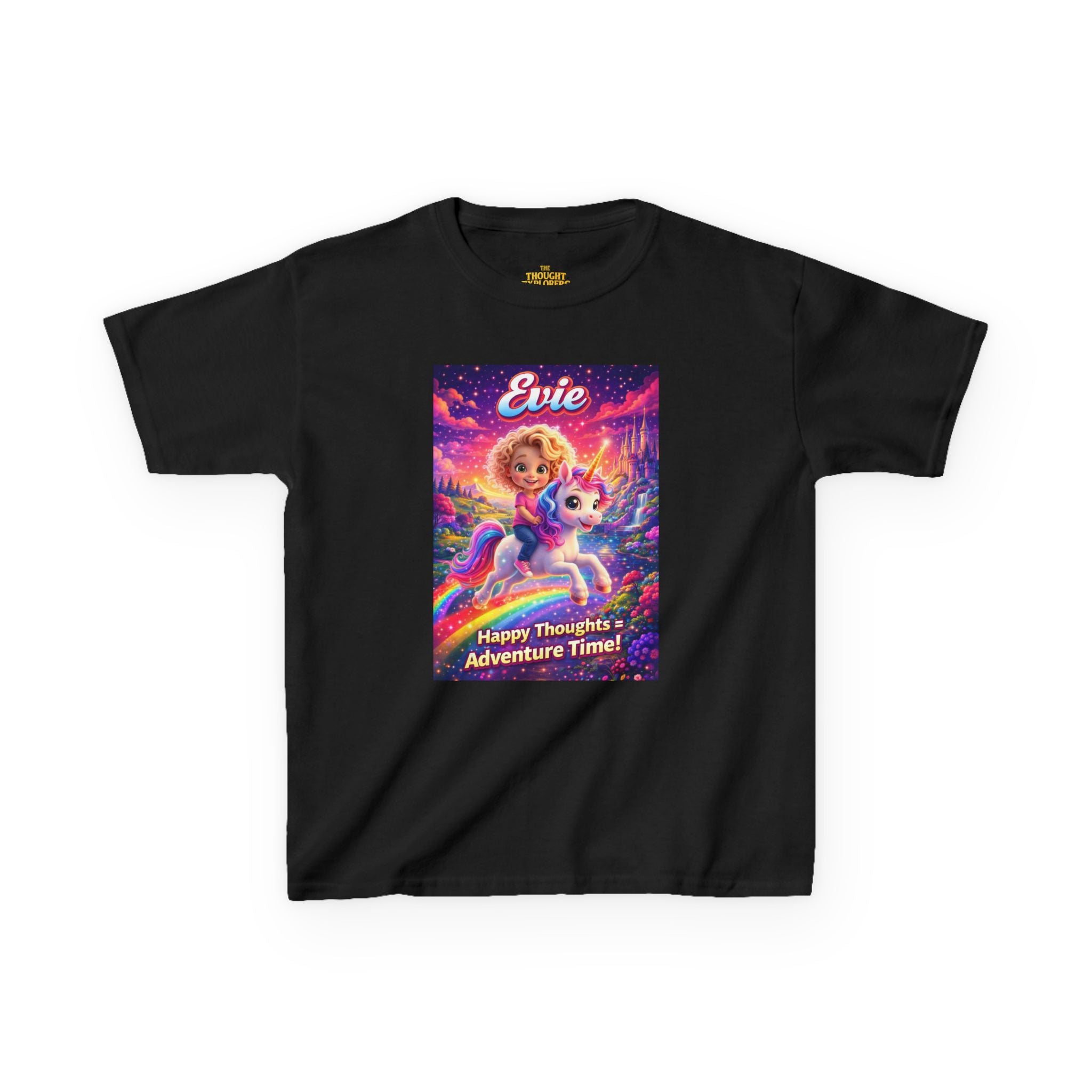 Evie “Happy Thoughts = Adventure Time!” Kids Unicorn Graphic T-Shirt | The Thought Explorers