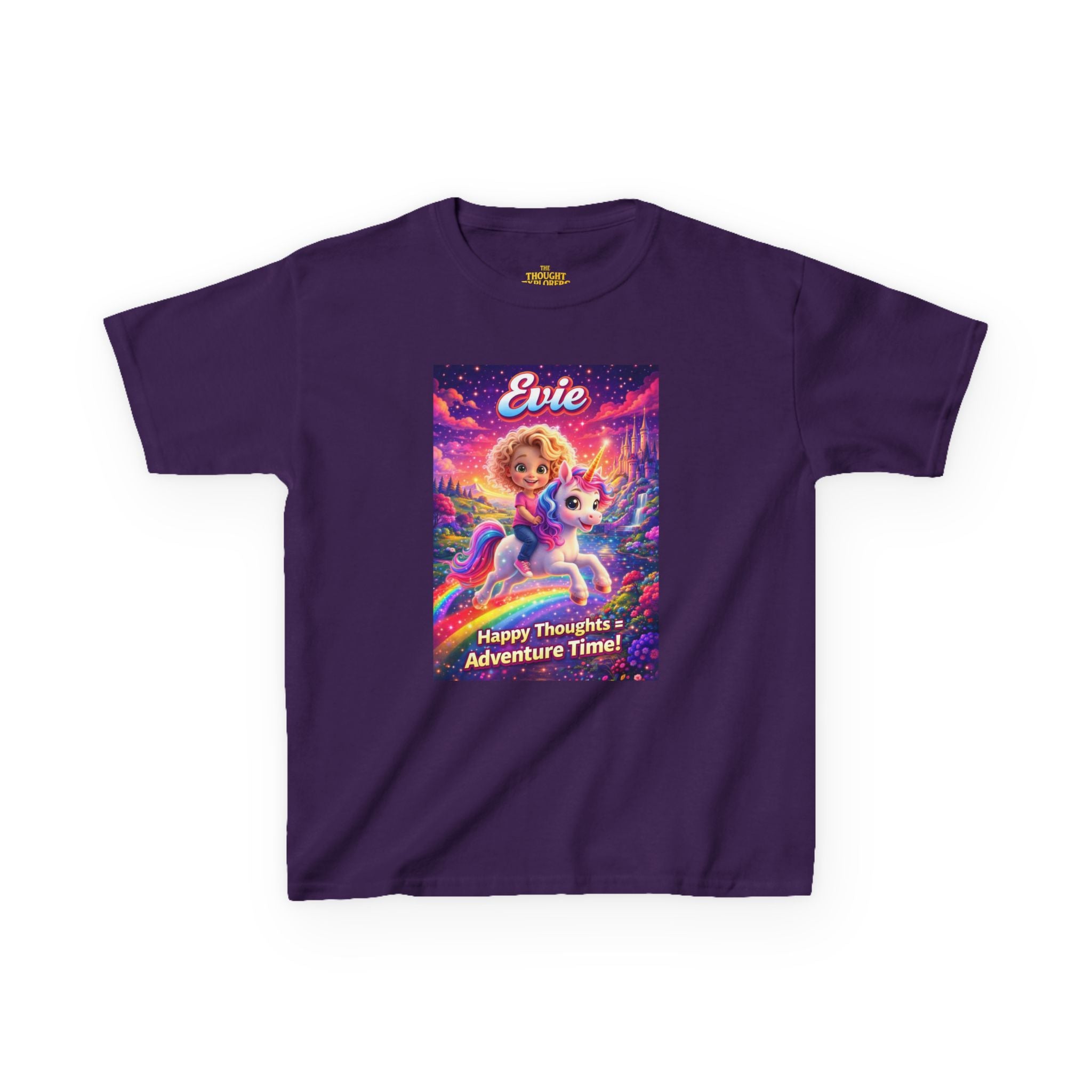 Evie “Happy Thoughts = Adventure Time!” Kids Unicorn Graphic T-Shirt | The Thought Explorers
