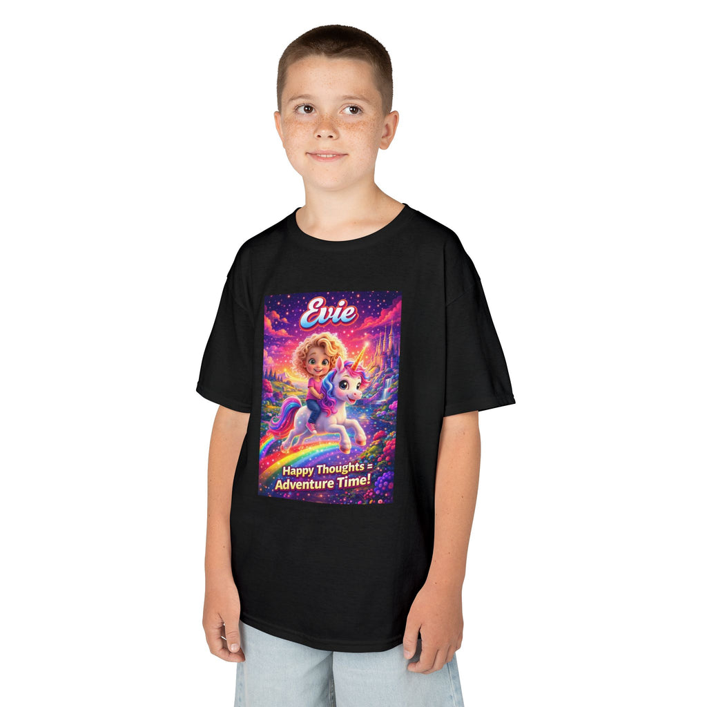 Evie “Happy Thoughts = Adventure Time!” Kids Unicorn Graphic T-Shirt | The Thought Explorers