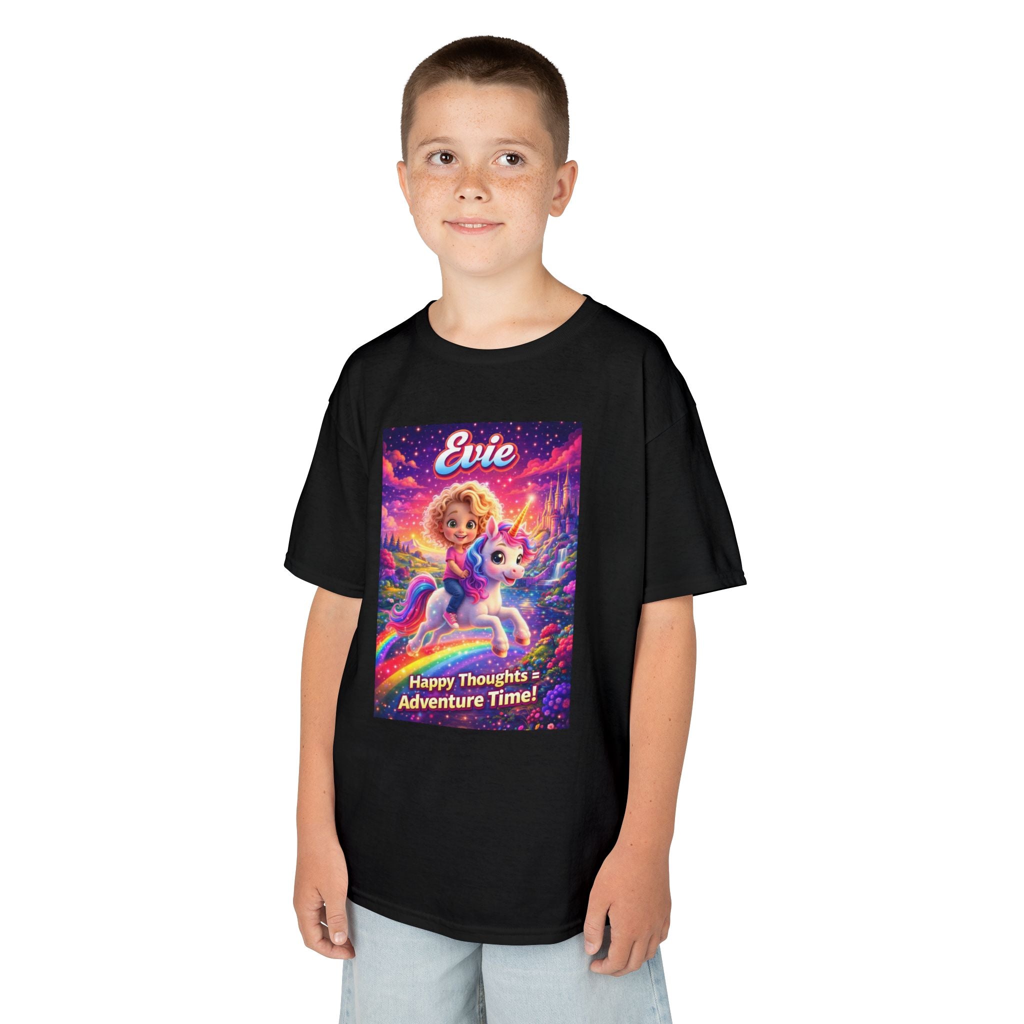 Evie “Happy Thoughts = Adventure Time!” Kids Unicorn Graphic T-Shirt | The Thought Explorers