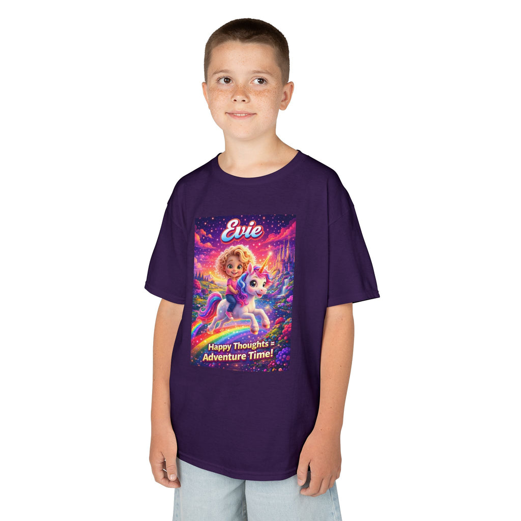 Evie “Happy Thoughts = Adventure Time!” Kids Unicorn Graphic T-Shirt | The Thought Explorers