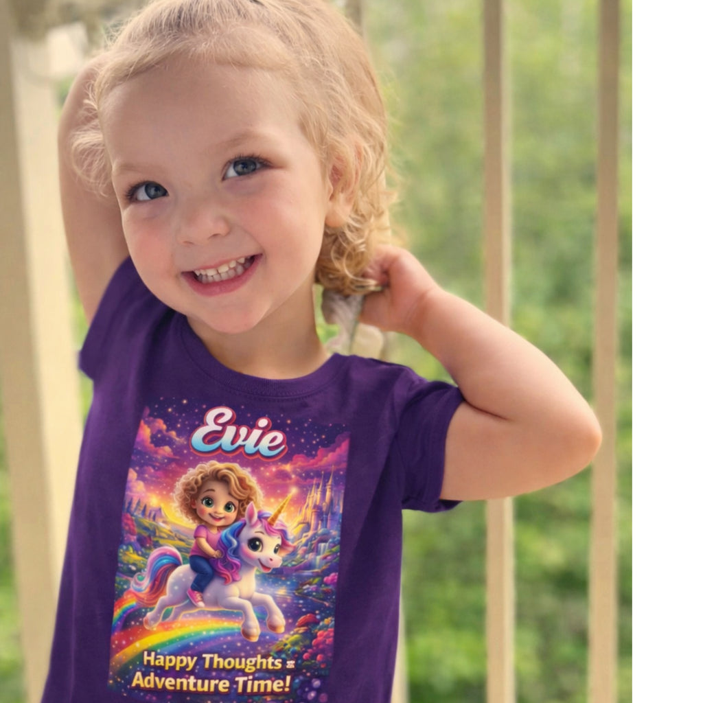 Evie “Happy Thoughts = Adventure Time!” Kids Unicorn Graphic T-Shirt | The Thought Explorers